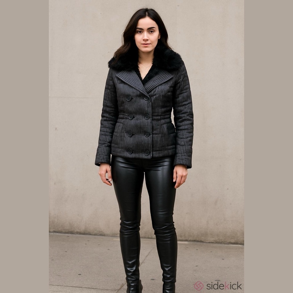 BEBE DOUBLE BREASTED PUFFER COAT REMOVABLE FAUX FUR COLLAR US S pinstripe